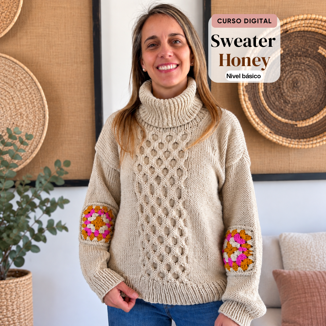 Curso Digital Sweater Honey - Aprende a tejer un sweater a palillos (PDF + videos)